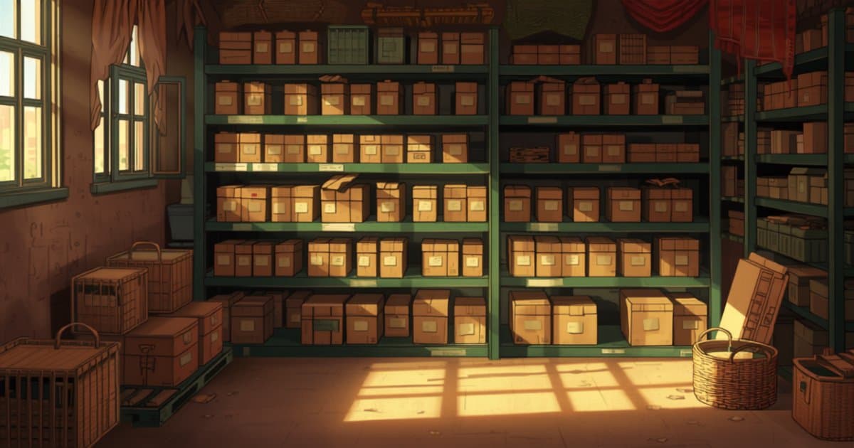 Labeled shelving and stacked cartons in a small business warehouse