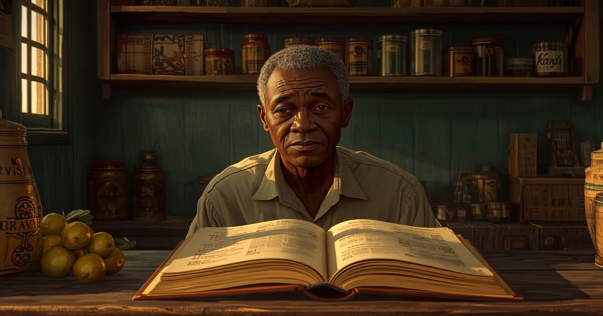 A shop owner quietly reviewing stock records at a counter while an attendant works nearby