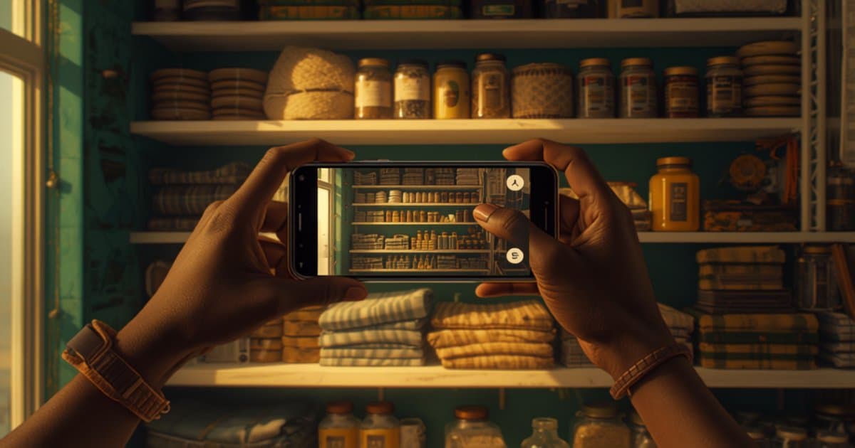 A shop attendant counting products on a shelf by hand in a small store