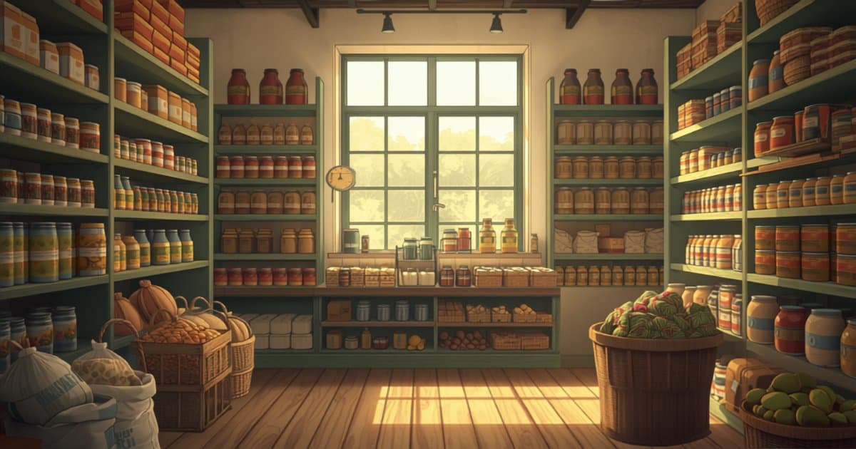 A well-organized small grocery shop shelf with clearly visible stacked products