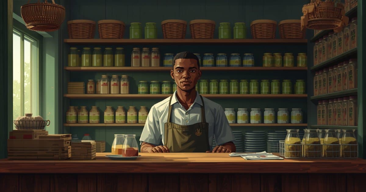 A small shop owner checking stock on a phone while an attendant serves a customer