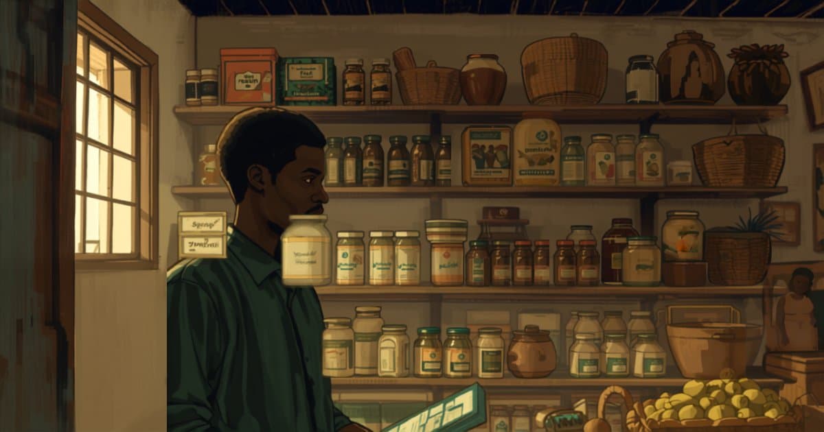 A shopkeeper reviewing shelves and stock in a small Nigerian retail store