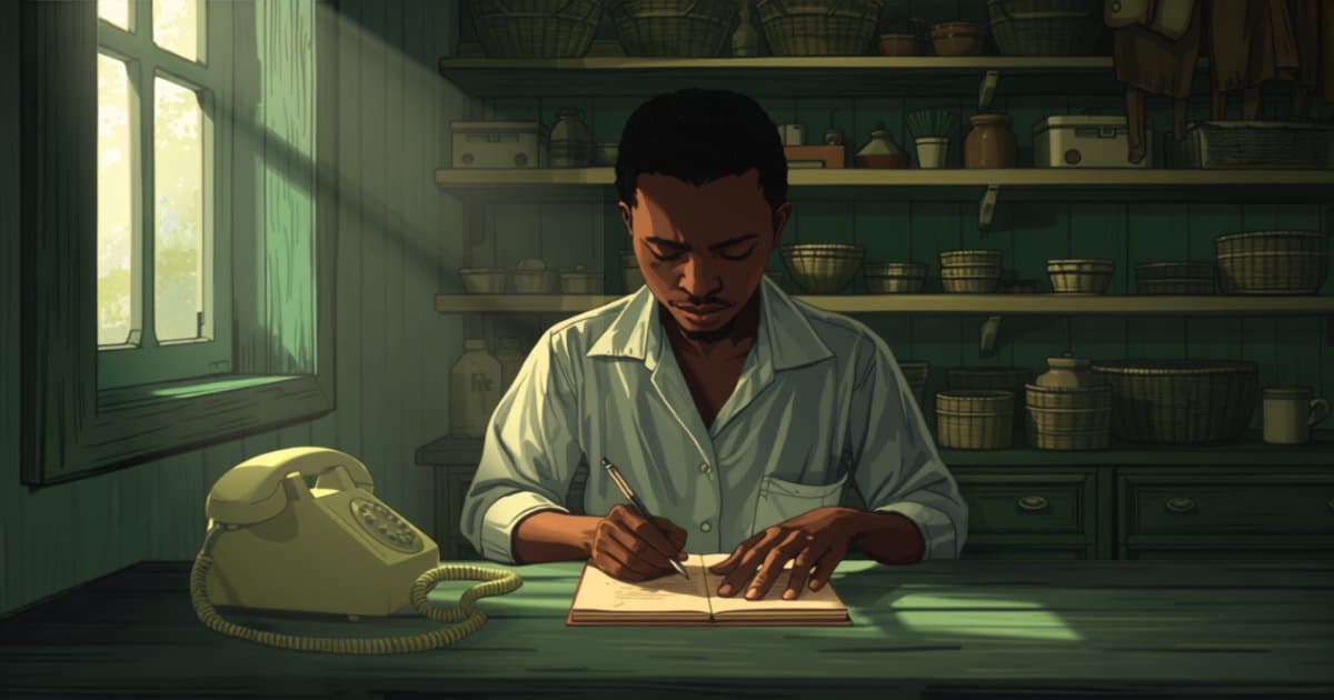 A shop owner writing sales figures in a notebook beside a shelf of products