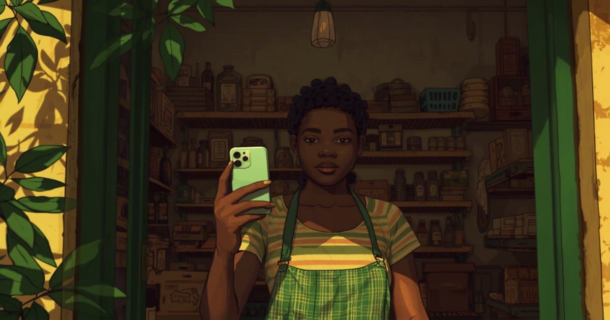 A shop attendant clocking in with a phone camera at a small Nigerian retail store