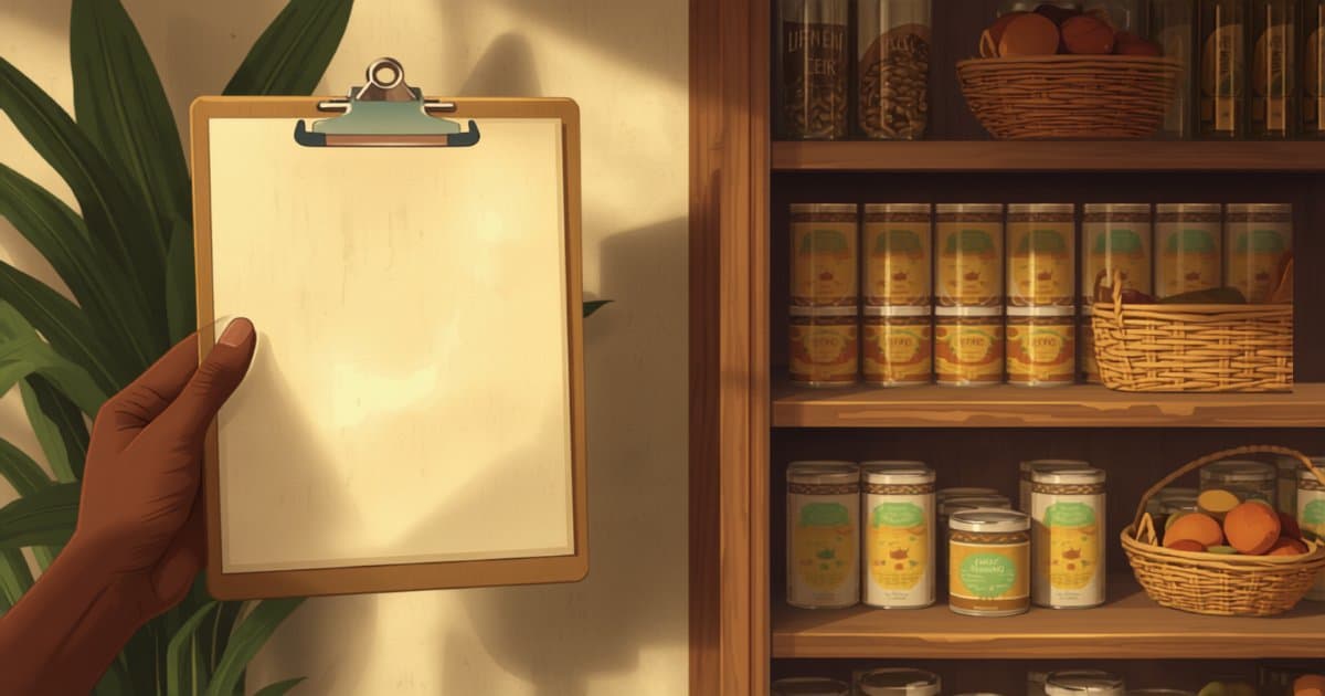 Close-up of a shopkeeper comparing a stock count sheet against items on a shelf